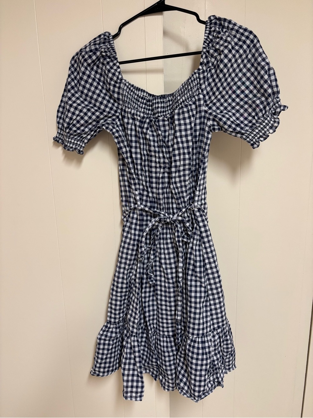 Draper James Navy and White Gingham Off-Shoulder Dress